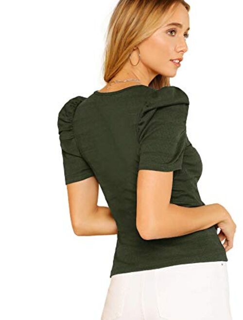 Romwe Women's Elegant Short Puff Sleeve Rib Knit V-Neck Basic T-Shirt Crop Tops