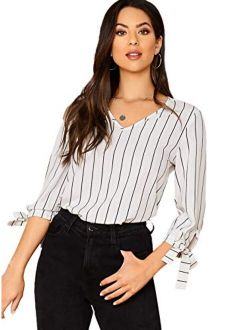 Women Elegant Striped V Neck 3 4 Sleeve Blouse Knot Cuff Work Office Shirt Top