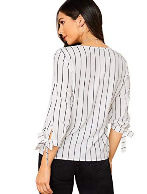 Milumia Women Elegant Striped V Neck 3 4 Sleeve Blouse Knot Cuff Work Office Shirt Top