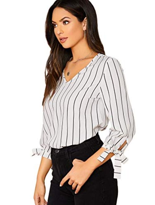 Milumia Women Elegant Striped V Neck 3 4 Sleeve Blouse Knot Cuff Work Office Shirt Top