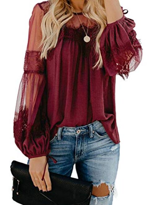 Biucly Womens Casual Lace Crochet Blouses Lantern Long Sleeve Shirts Loose Tops (S-XXL)