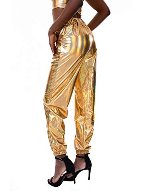 Zaxicht Women's Metallic Shinny Pants, Casual Holographic Jogger Sweatpants Punk Hip Hop Trousers Streetwear