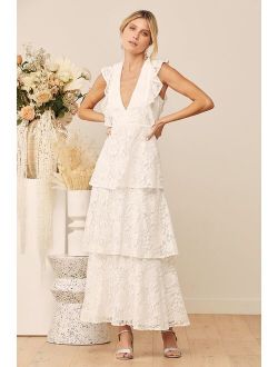 Molinetto White Lace Ruffled Tiered Sleeveless Maxi Dress