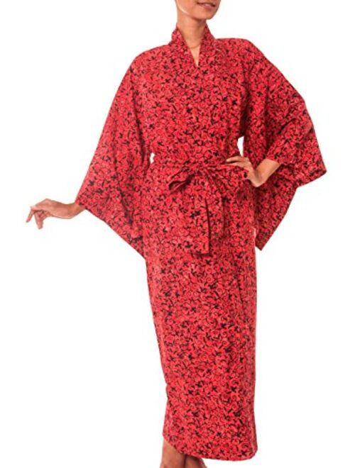 NOVICA Red 100% Cotton Batik Robe, 'Red Floral Kimono' (One Size Fits Most)
