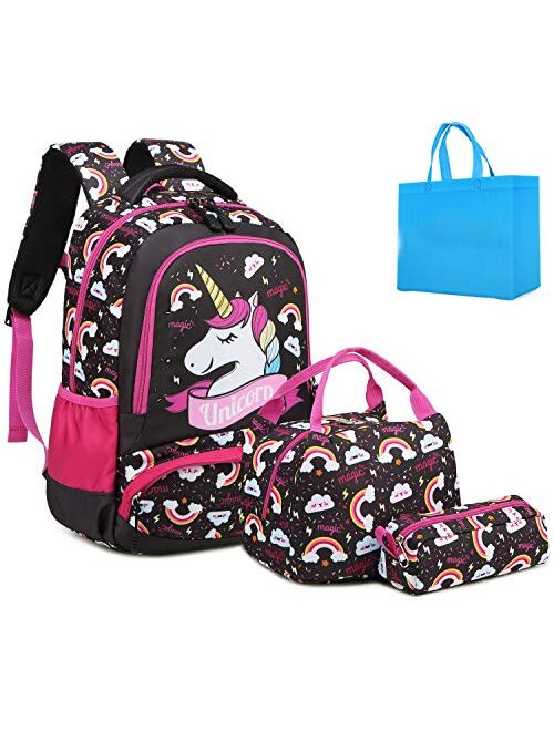 Peonys Girls School Backpacks with Lunch Box Unicorn Backpack School bag 3 in 1 Bookbag Set for Elementary