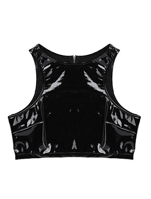 TiaoBug Women's Faux Leather Sleeveless Crop Tank Top Clubwear Bustier Sleeveless Blouse