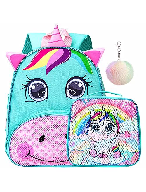 Toddler Backpack with Lunch Box for Girls,Unicorn Sequin Bookbag
