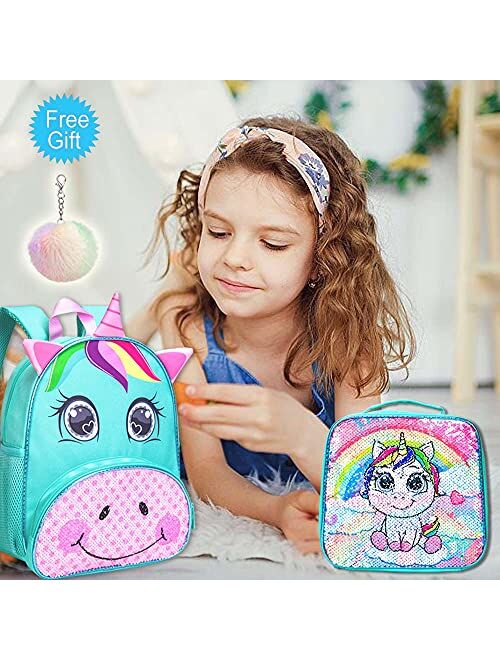 Toddler Backpack with Lunch Box for Girls,Unicorn Sequin Bookbag