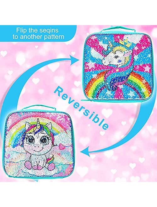 Toddler Backpack with Lunch Box for Girls,Unicorn Sequin Bookbag
