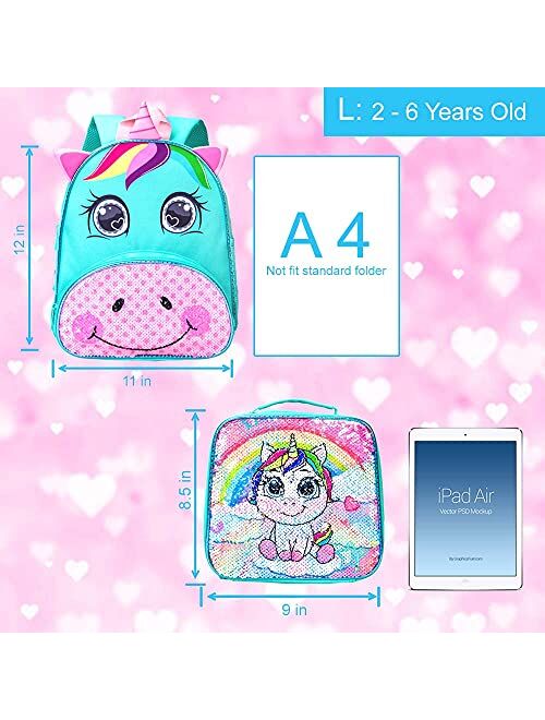 Toddler Backpack with Lunch Box for Girls,Unicorn Sequin Bookbag