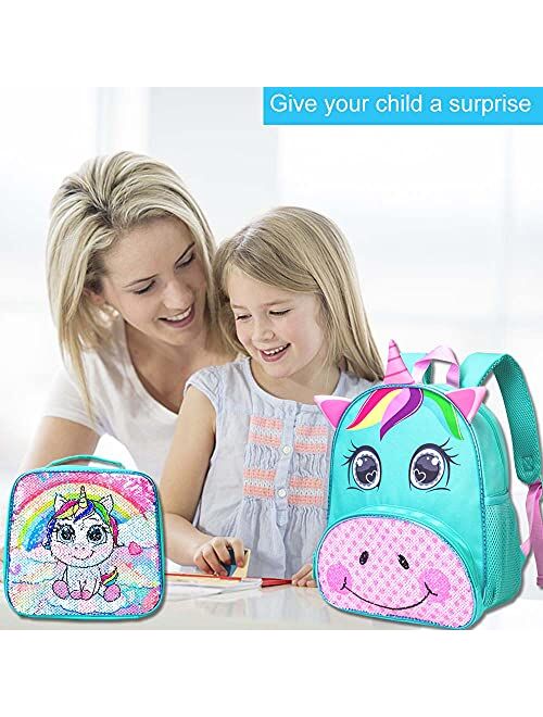 Toddler Backpack with Lunch Box for Girls,Unicorn Sequin Bookbag