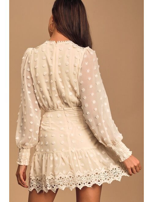 Lulus Lust or Love Cream Embroidered Lace Long Sleeve Dress
