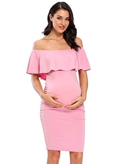 Jezero Women's Maternity Dress Off Shoulder Ruffle Sleeveless Bodycon Dress for Baby Shower