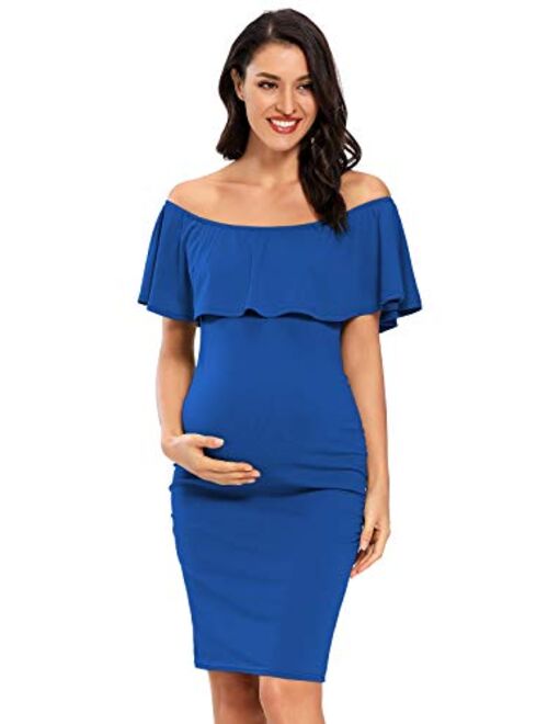 Jezero Women's Maternity Dress Off Shoulder Ruffle Sleeveless Bodycon Dress for Baby Shower