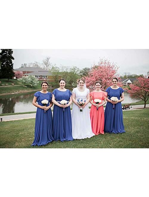 kidadndy Chiffon Bridesmaid Dresses Long A-line Ruffle Formal Prom Wedding for Women with Pockets