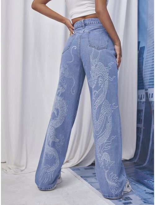 Shein Chinese Dragon Print Jeans
