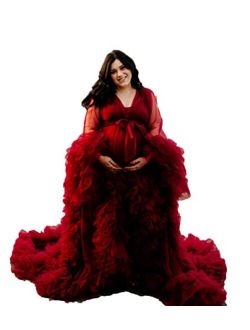 Tulle Robe for Maternity Photoshoot Sheer Puffy Burgundy Dressing Gown Long Wedding Scarf