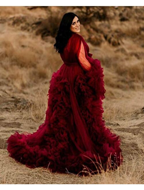 Tulle Robe for Maternity Photoshoot Sheer Puffy Burgundy Dressing Gown Long Wedding Scarf