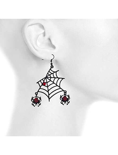 Lux Accessories Halloween Black Spider Web Dangling Red Rhinestone Earrings