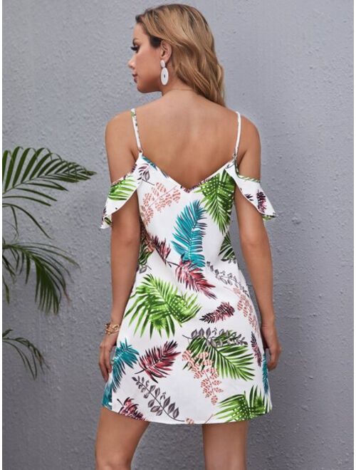 SHEIN Tropical Print Cold Shoulder Dress