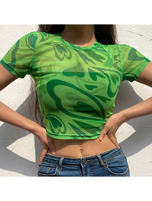 Green Kawaii Heart Printed See Through Mesh Summer Korean Fashion Short Sleeve Women's T-Shirt For Girls Sweet Y2k Crop Top 2021