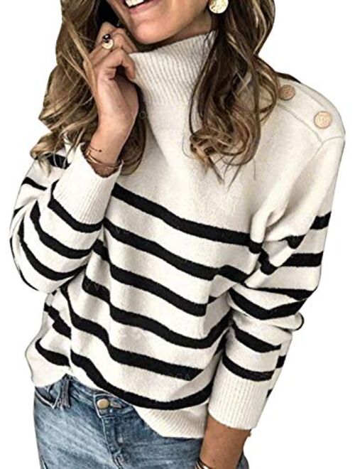 Asvivid Womens Striped High Neck Ribbed Knit Sweater Button Long Sleeve Pullover Jumper Tops