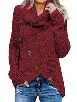 Womens Button Turtle Cowl Neck Asymmetric Hem Wrap Pullover Sweater Tops
