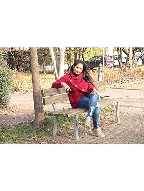 Asvivid Womens Button Turtle Cowl Neck Asymmetric Hem Wrap Pullover Sweater Tops