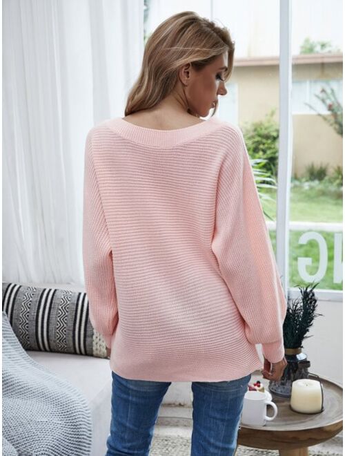 Shein Ribbed Dolman Sleeve Boat Neck Sweater