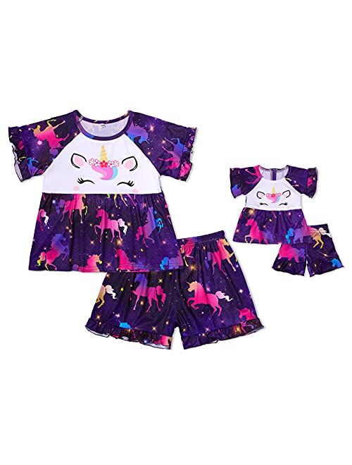 Matching Girl & Doll Pajamas Unicorn Outfit Clothes for Girls and 18" Dolls Pajama Sets