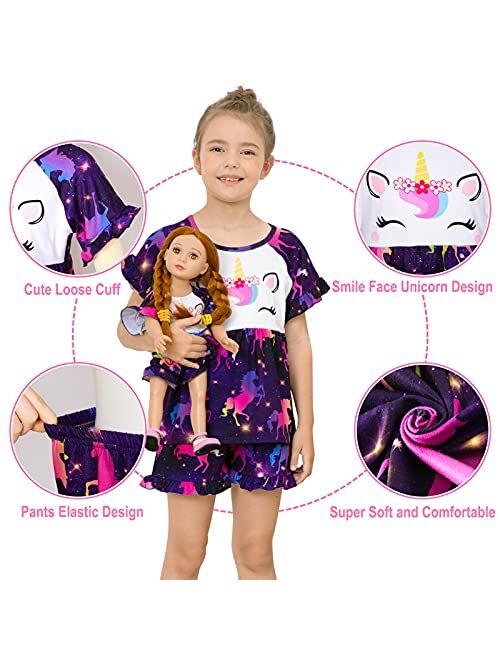 Matching Girl & Doll Pajamas Unicorn Outfit Clothes for Girls and 18" Dolls Pajama Sets