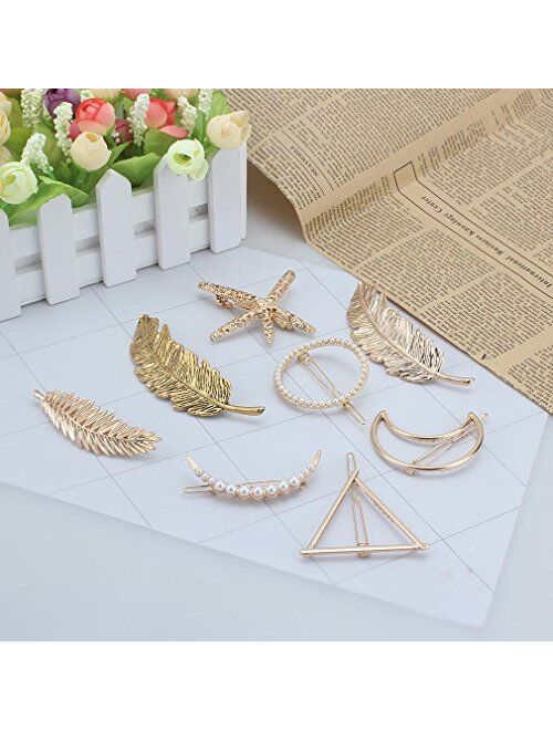 Jaciya 15 Pcs Hair Clips for Women - Minimalist Dainty Hair Clips for Women Hollow Geometric Alloy Hairpin Clamps Pearl hair clips,Starfish, Leaf, Circle, Triangle and Mo
