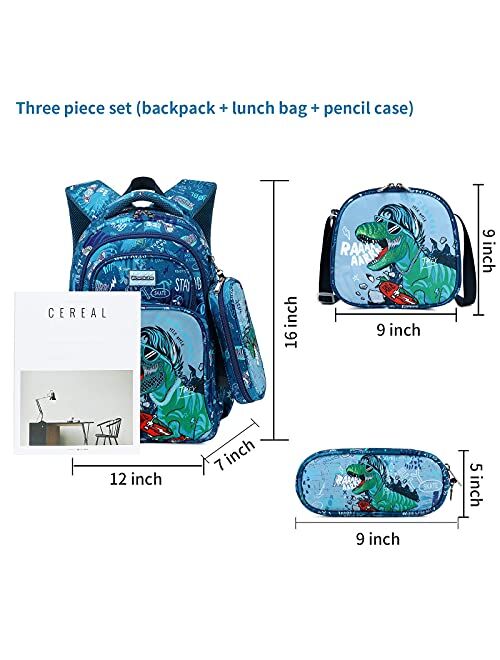 Wawakube 3Pcs Boys Dinosaur Backpack Set with Lunch Box Pencil Case, School Book Bag for Kids Elementary Preschool