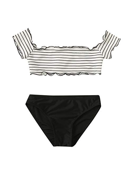 Off Shoulder Tankini Swimsuits for Girls High Waisted Two Piece Striped Bikini Top with Bottom Swimwear Bathing Suits