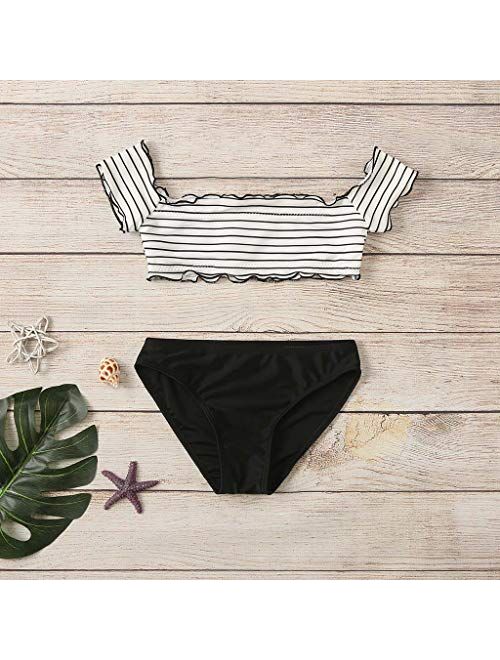 Off Shoulder Tankini Swimsuits for Girls High Waisted Two Piece Striped Bikini Top with Bottom Swimwear Bathing Suits