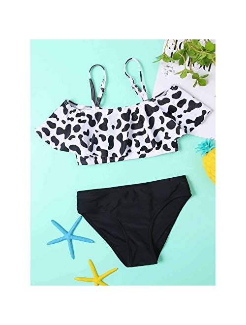 Uscallm Toddler Baby Girls Swimwear Watermelon Striped Swimsuit Bathing Beach Romper Cartoon Cow Print Split Swimsuit
