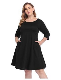 HDE Plus Size A Line Dress with Pockets 3/4 Sleeve Fit and Flare Skater Dresses