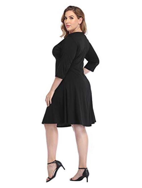 HDE Plus Size A Line Dress with Pockets 3/4 Sleeve Fit and Flare Skater Dresses