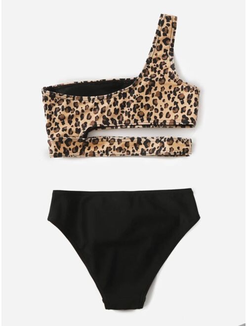 Shein Girls Leopard Cut-out One Shoulder Bikini Swimsuit