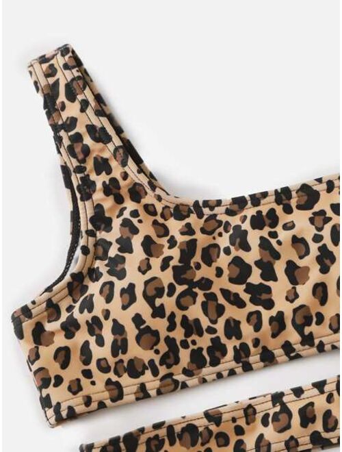 Shein Girls Leopard Cut-out One Shoulder Bikini Swimsuit