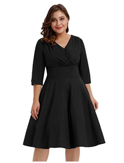 Hanna Nikole Women's Vintage 1950s Style Sleeved Plus Size Swing Dress