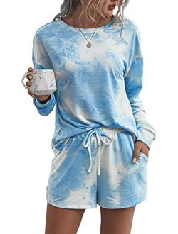 Womens Tie Dye Printed Pajamas Set Long Sleeve Tops With Shorts Lounge Set Casual Two-Piece Sleepwear