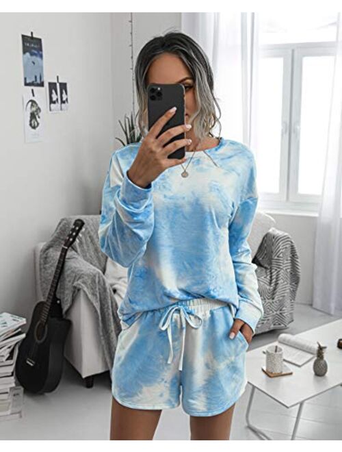 PRETTYGARDEN Women’s Tie Dye Printed Pajamas Set Long Sleeve Tops With Shorts Lounge Set Casual Two-Piece Sleepwear