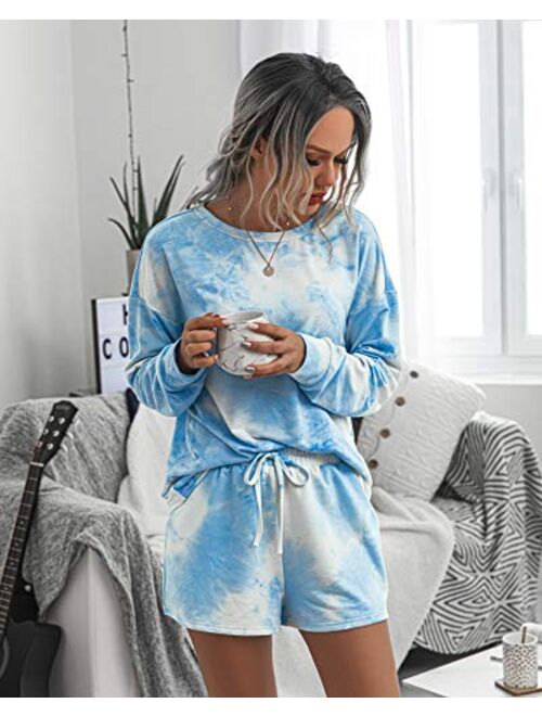 PRETTYGARDEN Women’s Tie Dye Printed Pajamas Set Long Sleeve Tops With Shorts Lounge Set Casual Two-Piece Sleepwear