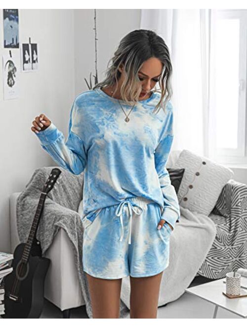 PRETTYGARDEN Women’s Tie Dye Printed Pajamas Set Long Sleeve Tops With Shorts Lounge Set Casual Two-Piece Sleepwear