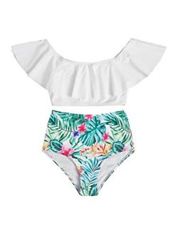 Girl's 2PCS Swimsuit Ruffle Off Shoulder Crop Top Tropical Print Panty Bikini Set