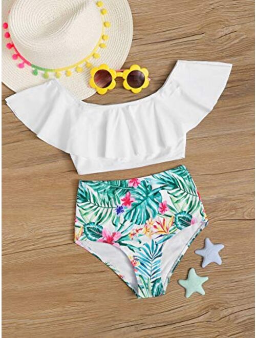 Milumia Girl's 2PCS Swimsuit Ruffle Off Shoulder Crop Top Tropical Print Panty Bikini Set