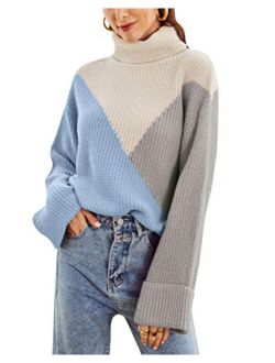 MsLure Women’s Pullover Sweater Casual Long Sleeve Turtleneck Colorblock Sweater Knit Jumper for Women