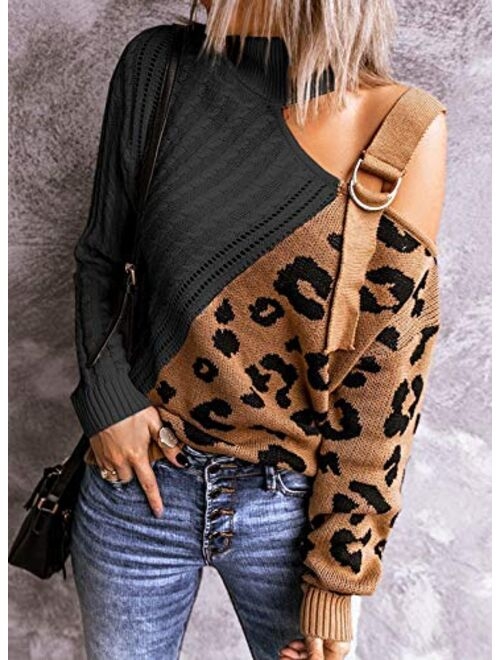 AlvaQ Womens Turtleneck Cold Shoulder Sweaters Leopard Patchwork Knitted Pullover Jumper Tops