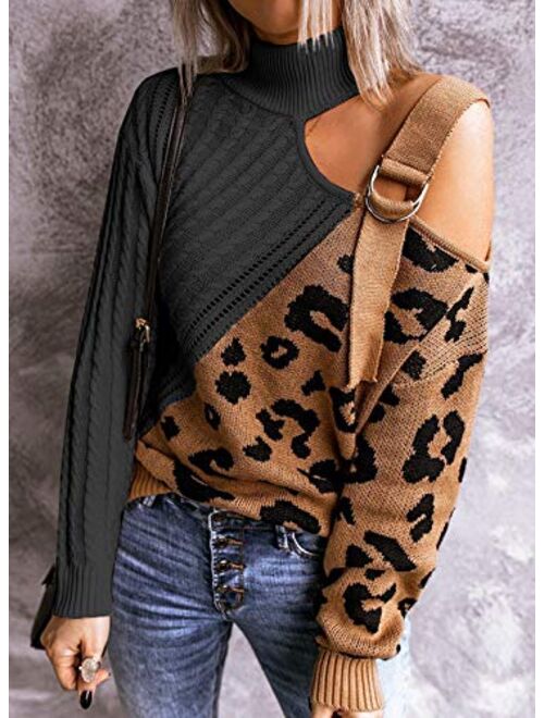 AlvaQ Womens Turtleneck Cold Shoulder Sweaters Leopard Patchwork Knitted Pullover Jumper Tops